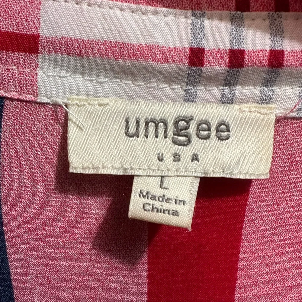 Umgee Pink and Blue Plaid Blouse with Lace Trim - Picture 2 of 2